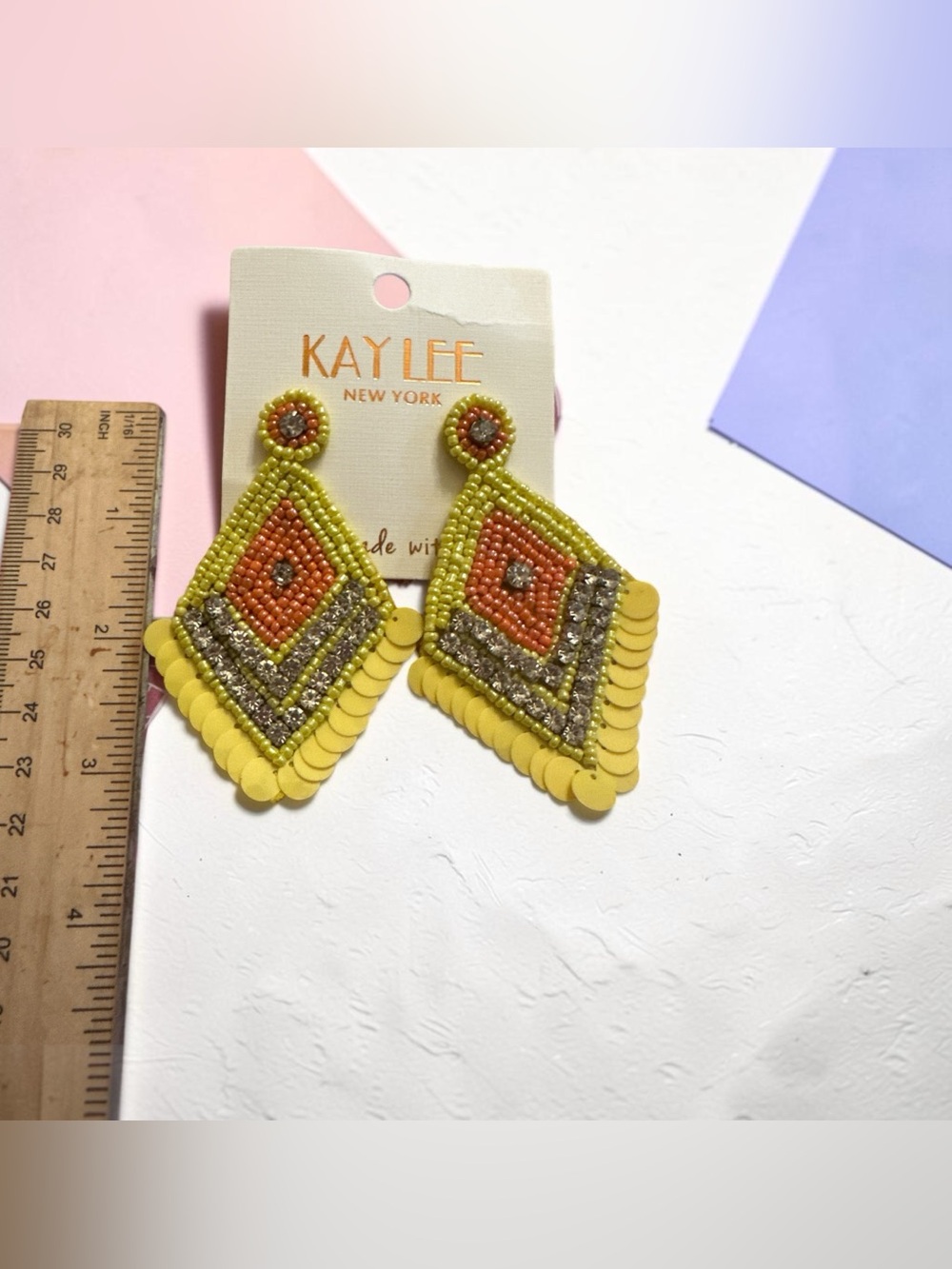 Kay Lee New York Yellow Coral Beaded Rhinestone Statement Earrings - Picture 5 of 6